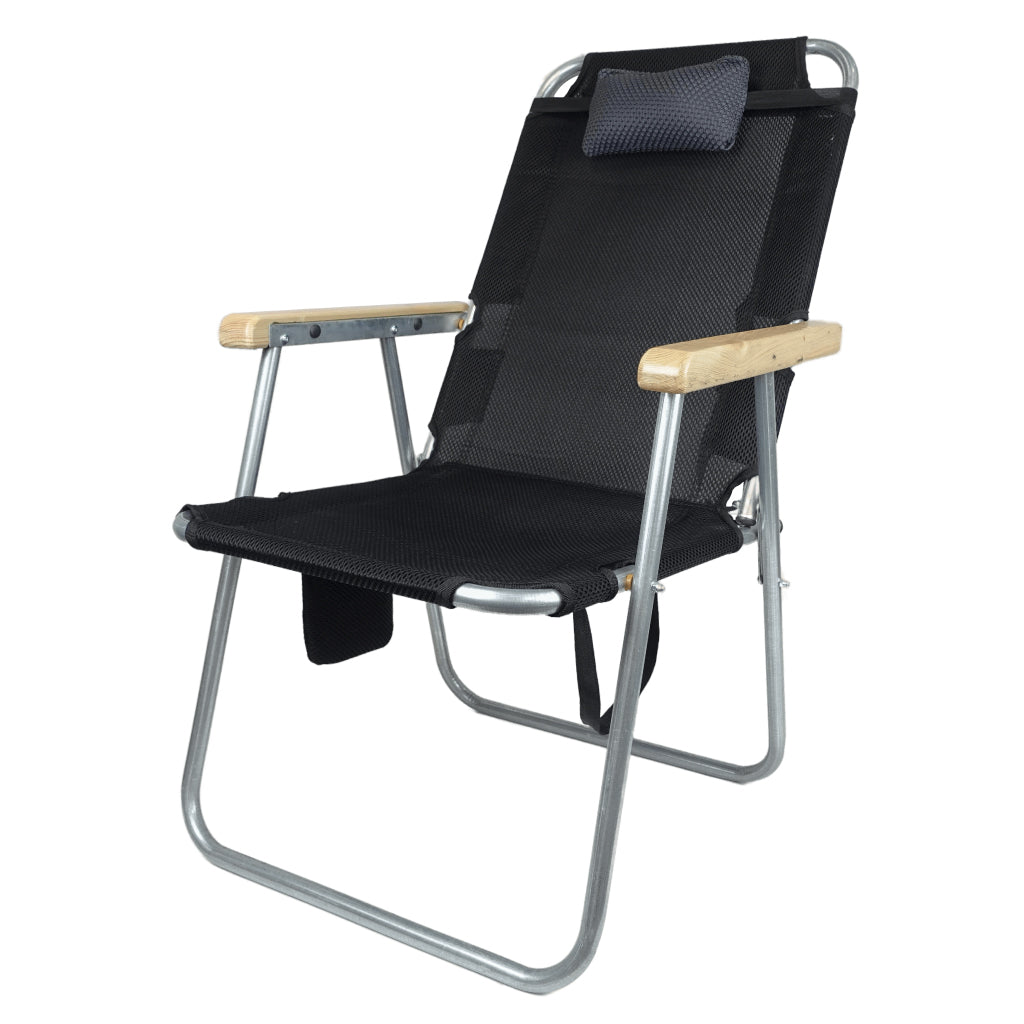 Chaise Longue Pliable avec Accoudoirs en Bois et Coussin – كرسي حجم كبير للخرجات